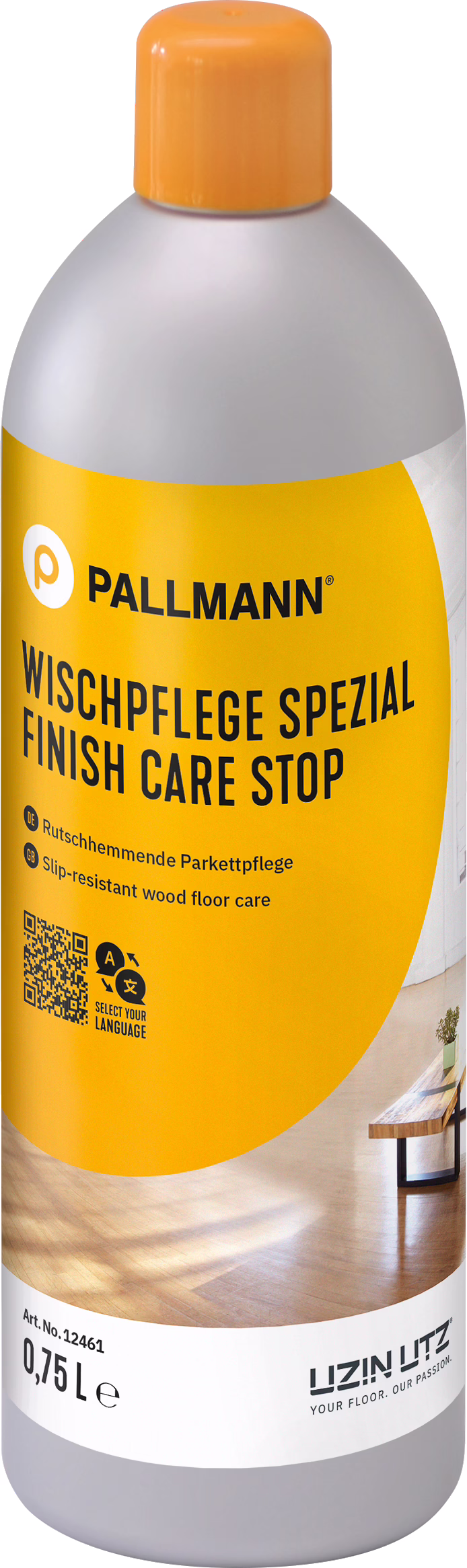 PALLMANN_dummy_FINISH-CARE-STOP_0,75l_msl_2023-05 Пластиковая бутылка Pallmann 'Finish Care Stop' — средство для ухода за деревянными полами с противоскользящим эффектом, серая и жёлтая упаковка с оранжевой крышкой, 0,75 л, с логотипом и маркировкой.