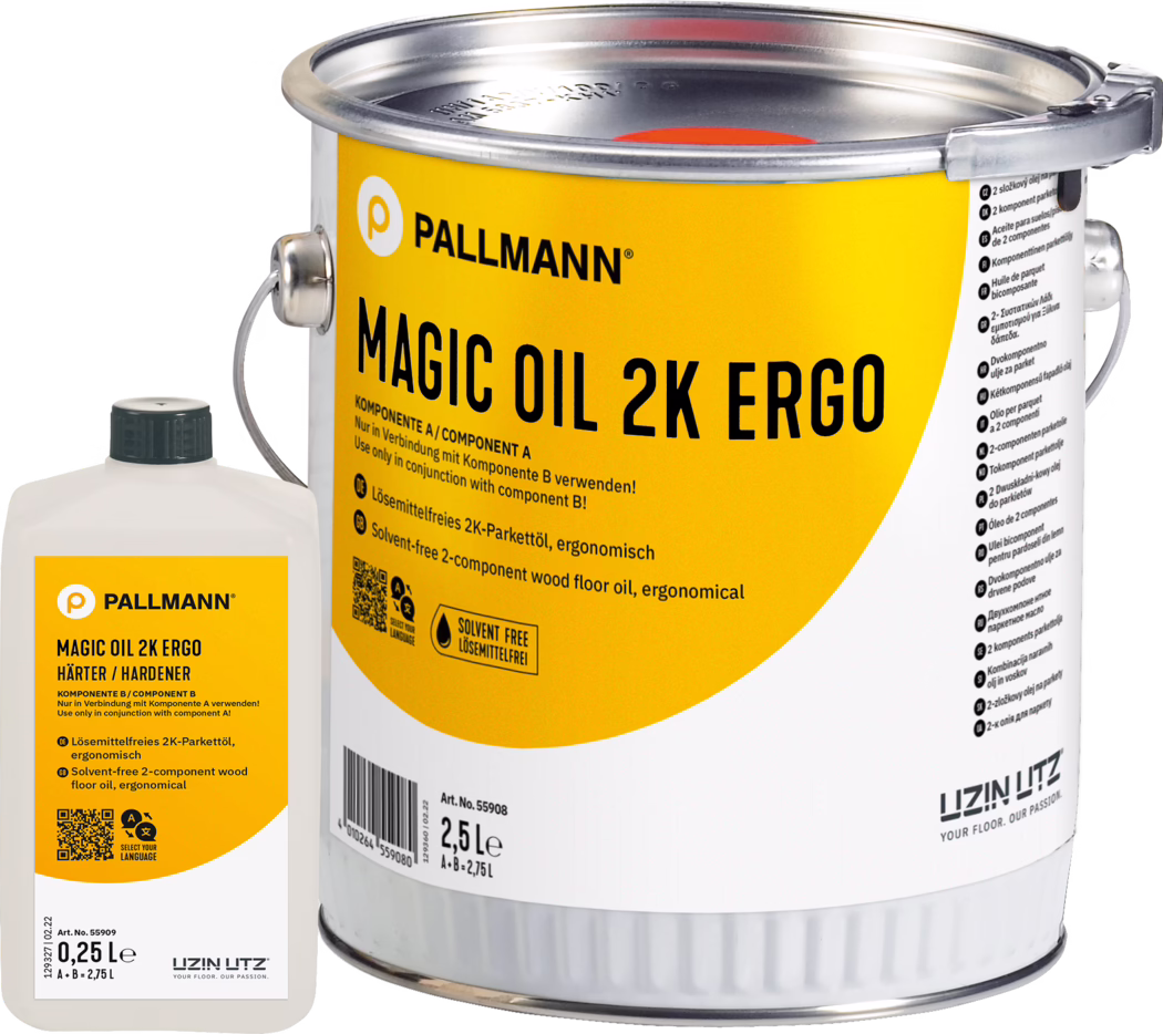 PALLMANN_dummy_Magic-Oil-2K-Ergo_2,75l_msl_2021-12 Крупный план двух ёмкостей Pallmann Magic Oil 2K Ergo для деревянных полов: большая металлическая банка 2,5 л с яркой жёлтой этикеткой, металлической ручкой и зафиксированной крышкой, и маленькая белая пластиковая бутылка с чёрной крышкой с надписью «Отвердитель / Компонент B». На этикетке видны марка 'PALLMANN', название 'MAGIC OIL 2K ERGO', отметки 'без растворителей' и '2 компонента', QR-код и штрихкод. Белый студийный фон, продукт в центре кадра.