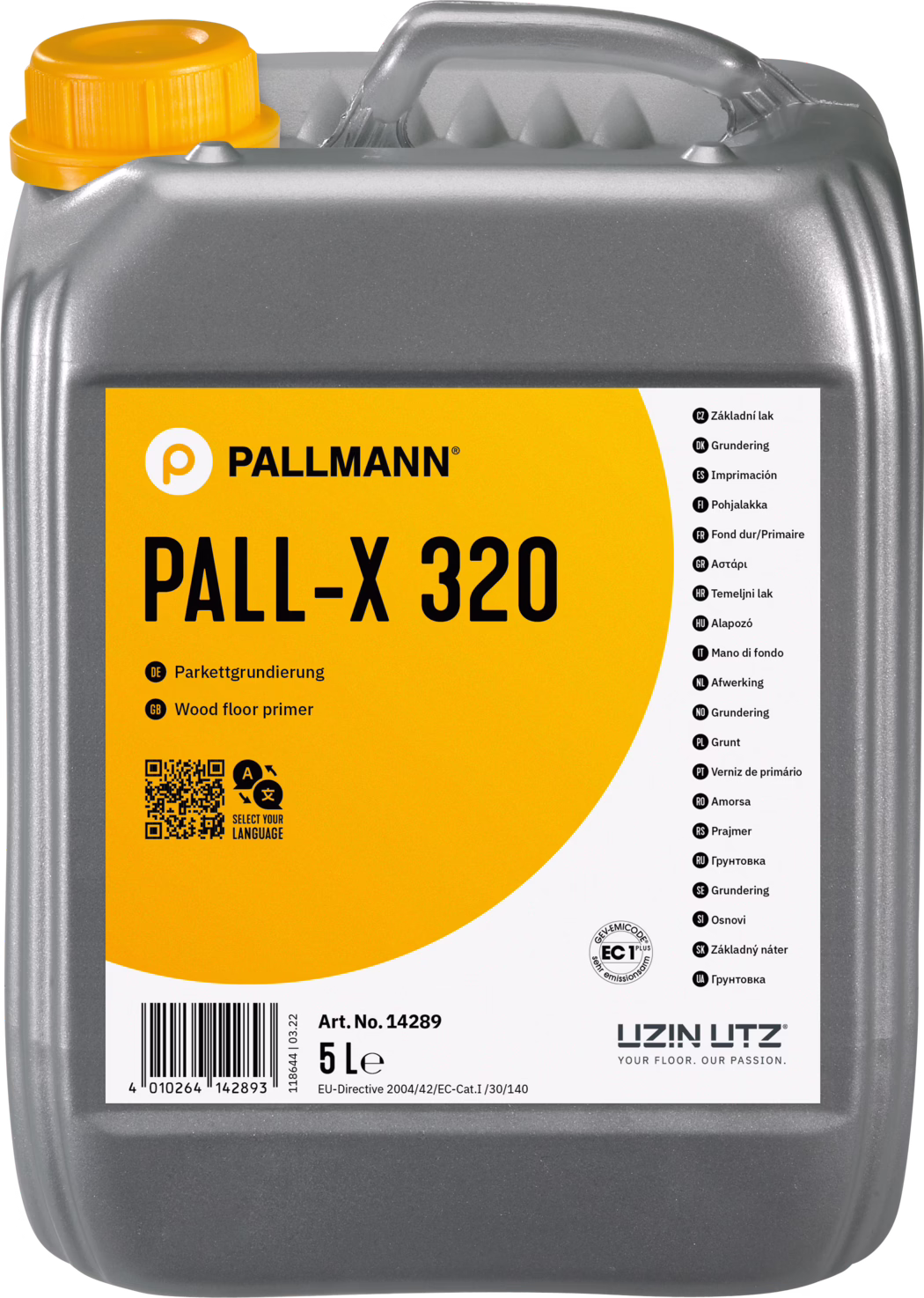 PALLMANN_dummy_Pall-X-320_5l_msl_2021-12 Вид спереди: серебристая пластиковая канистра объемом 5 литров с оранжевой крышкой и оранжевой прямоугольной этикеткой. На этикетке крупно указаны бренд PALLMANN и название продукта PALL‑X 320 черными буквами; указано, что это грунтовка для деревянных полов. Видны артикул 14289, штрих-код, многоязычные надписи на правом краю этикетки, значки сертификатов и логотип производителя UZIN UTZ. Канистра оснащена встроенной ручкой сверху и слегка текстурированной поверхностью; фото сделано на белом фоне и акцентирует упаковку и информацию на этикетке.