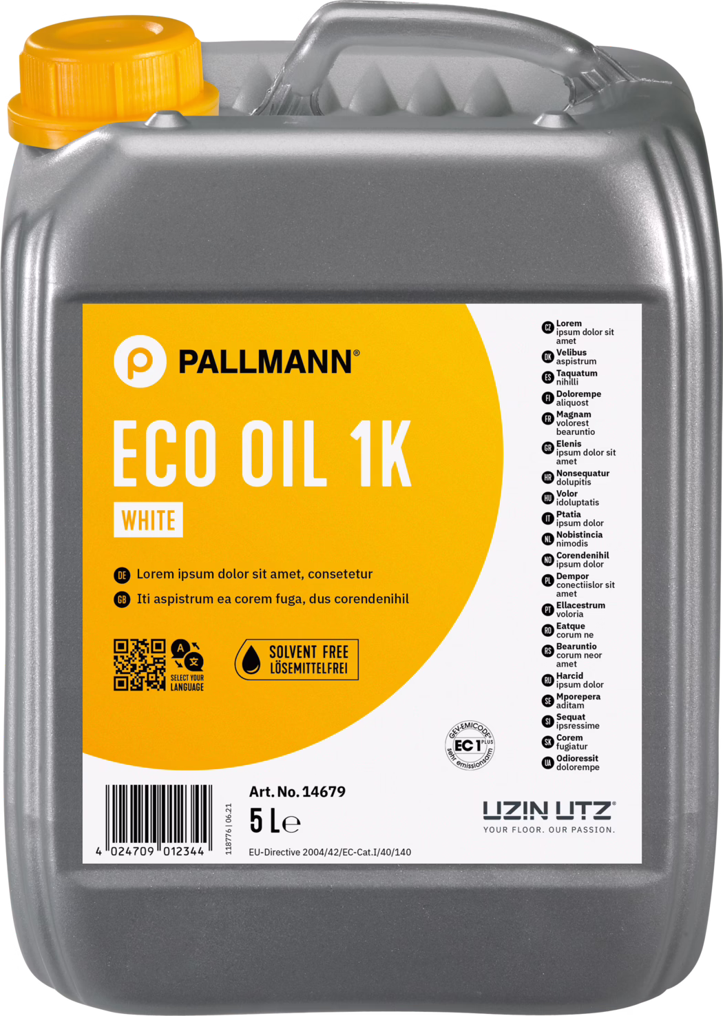 PALLMANN_dummy_Eco-Oil-1K_5L_msl_2021-12 Studio-style product photograph of a 5-litre grey plastic jerrycan of Pallmann ECO OIL 1K (White). The container has an integrated top handle and an orange screw cap. A large orange-and-white front label displays the PALLMANN logo, the bold product name 'ECO OIL 1K' with the designation 'WHITE', a 'Solvent Free' icon and text, the article number 'Art. No. 14679' and the capacity '5 L'. A barcode and QR code are visible in the lower left of the label, while the right-hand strip lists multilingual product information in small print. The grey canister shows molded grip details and a slightly textured plastic surface. Overall the image presents a branded, trade-packaged, eco-friendly single-component wood floor oil with white tint, suitable for parquet and wooden floors, photographed against a clean white background.