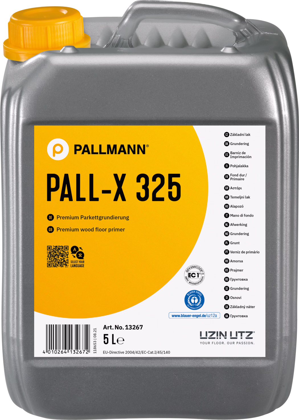 PALLMANN_dummy_Pall-X-325_5l_msl_2021-12 Контейнер грунтовки для деревянных полов PALL-X 325 от PALLMANN, демонстрирующий премиум качество для паркетных полов. Контейнер серого цвета с яркой желтой наклейкой, содержащей информацию на нескольких языках. Контейнер имеет артикул, штрих-код и различные символы, относящиеся к стандартам безопасности и охраны окружающей среды.
