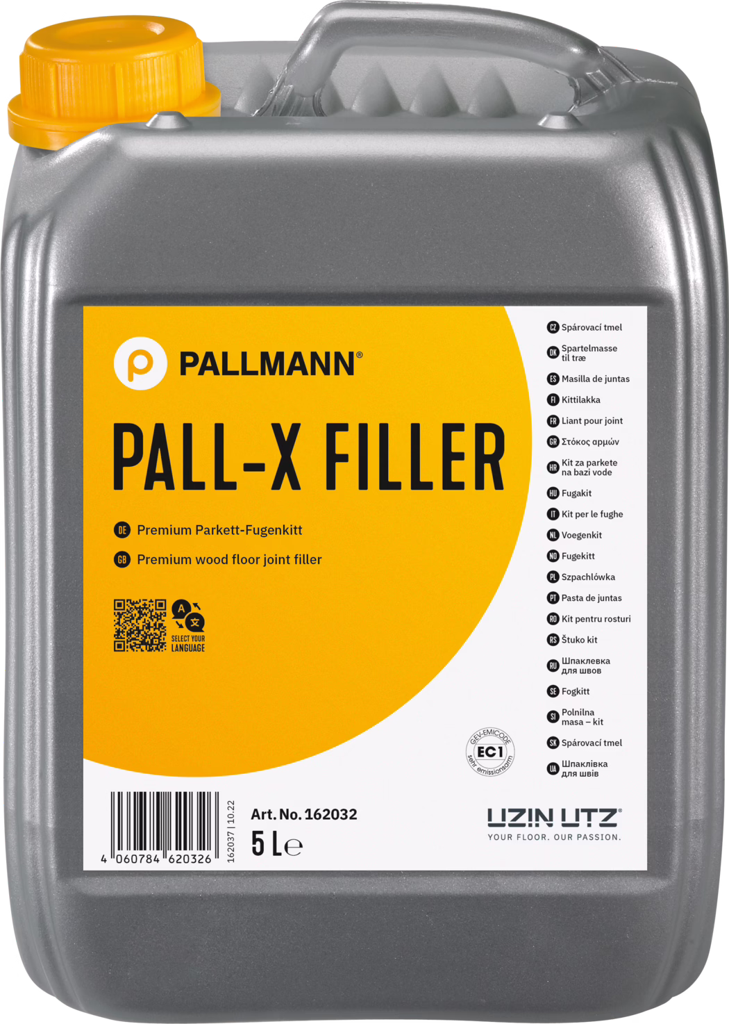 PALLMANN_dummy_Pall-X-Filler_5l_msl_2021-12 Серый пластиковый канистра объёмом 5 литров марки Pallmann с продуктом 'PALL‑X FILLER' — шпаклёвка для швов деревянных полов. Яркая оранжевая этикетка и соответствующая оранжевая крышка на резьбе. На передней этикетке видны логотип PALLMANN, крупное название 'PALL‑X FILLER', пометка о премиальном составе для заделки швов паркета, QR‑код, штрихкод, артикул 162032 и указание объёма '5 L'. Справа на этикетке перечислены переводы названия на разные языки. Канистра имеет встроенную ручку и текстурированную серую поверхность.