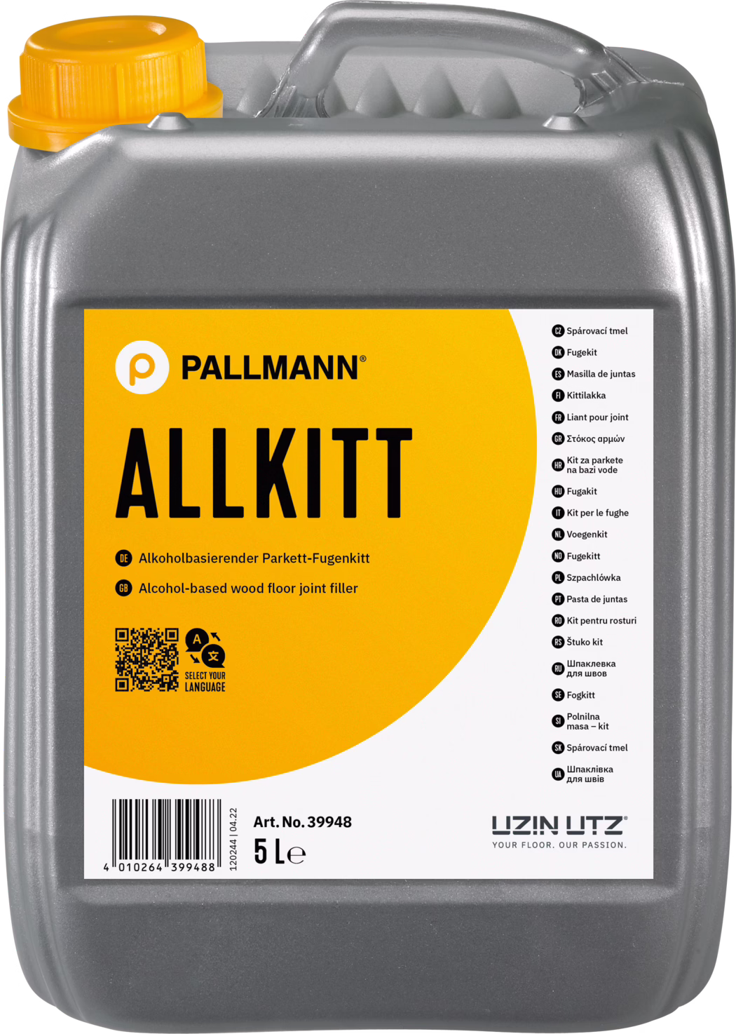 PALLMANN_dummy_Allkitt_5l_msl_2022-08 Прямоугольный контейнер, заполненный алкогольным наполнителем для деревянных полов. Продукт имеет этикетку 'ALLKITT' и принадлежит бренду PALLMANN. Этикетка имеет ярко-желтый фон с жирным черным текстом. Под названием продукта имеются описания на нескольких языках, включая немецкий и английский. Внизу этикетки указаны штрих-код и артикул, а также QR-код для выбора языковых опций. Контейнер имеет серую отделку с оранжевой крышкой.