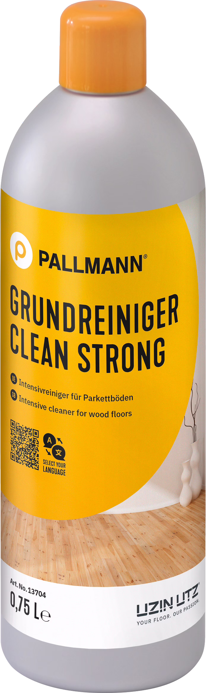 PALLMANN_dummy_CLEAN-STRONG_0,75l_msl_2021-12 A tall plastic bottle with an orange screw cap and a bright yellow label displaying the brand name PALLMANN and the product name GRUNDREINIGER CLEAN STRONG. The bottle contains 0.75 L of intensive cleaner for wood floors. The label shows bold black typography, a QR code, small pictograms and a photo of a light wooden parquet floor; a UZIN UTZ logo and the slogan 'YOUR FLOOR. OUR PASSION.' appear near the bottom. The container has a rounded shoulder and a grey plastic body, conveying a professional deep-cleaning product for removing stubborn dirt from wooden floors.