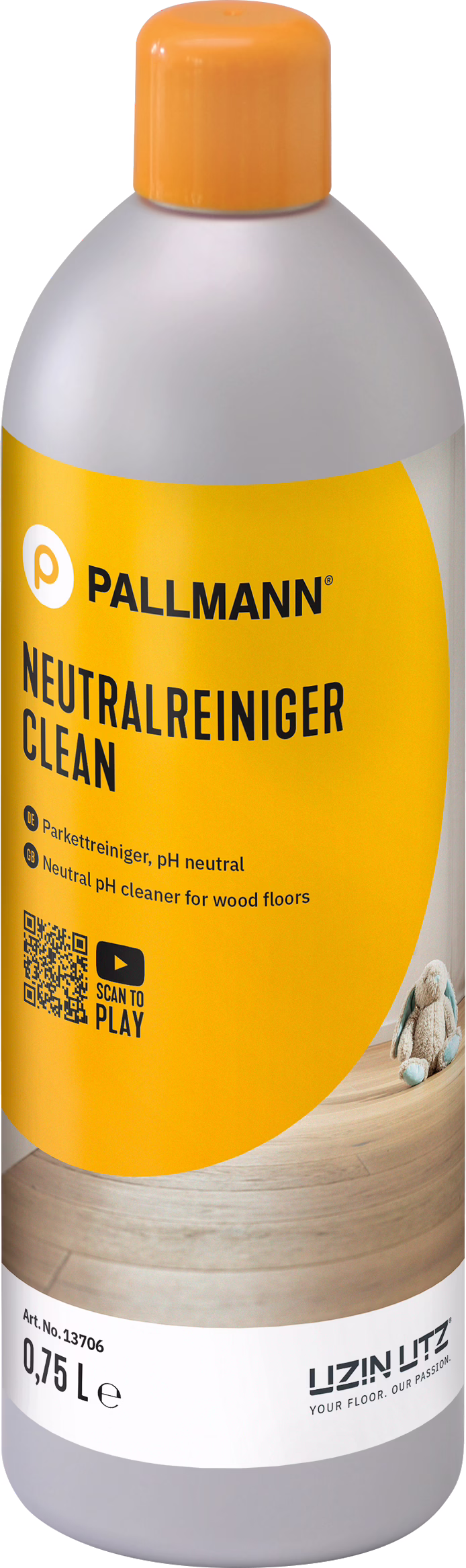PALLMANN_dummy_CLEAN_0,75l_msl_2021-12 Нейтральный очиститель для полов в серой бутылке с оранжевой крышкой. На бирке указано название бренда 'PALLMANN' и указано, что он предназначен для деревянных полов, а также что он нейтрален по pH.