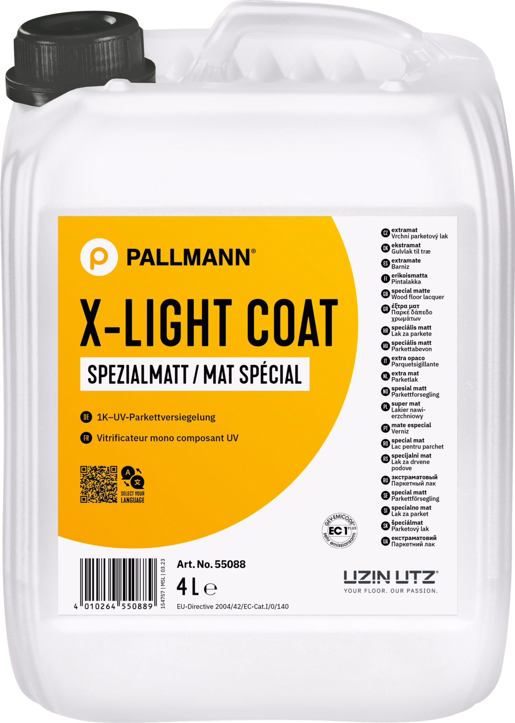 PALLMANN_dummy_X-Light-Coat_semi-gloss_4l_msl_2023-10 Белая пластиковая канистра объемом 4 литра с большой оранжевой этикеткой, на которой написано 'PALLMANN X-LIGHT COAT' и 'SPEZIALMATT / MAT SPÉCIAL'. Вверху слева находится черная навинчивающаяся крышка, сверху интегрированная ручка. На этикетке видны штрихкод, QR-код и сведения о продукте, включая 'Art. No. 55088' и '4 L'. Справа вертикально расположен список переводов 'special matte', внизу справа — логотип UZIN UTZ и знак EC1. Канистра сфотографирована на белом фоне, поверхность пластика слегка глянцевая.