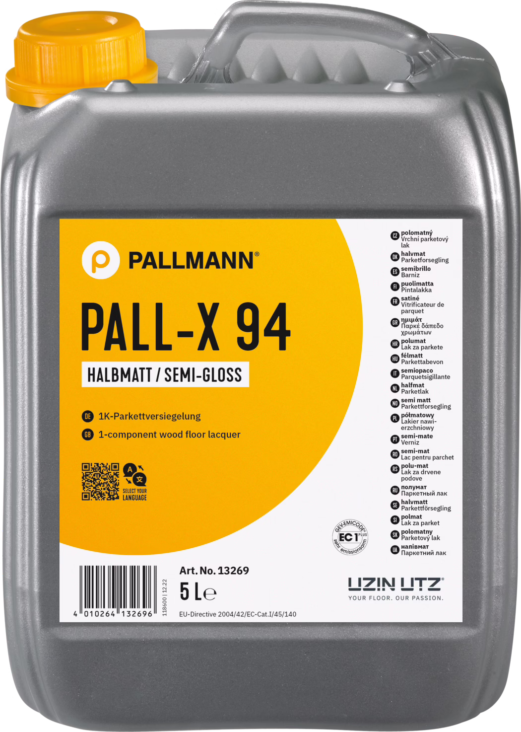 PALLMANN_dummy_Pall-X-94_halbmatt_5l_msl_2022-09 Контейнер объемом 5 литров с полуматовым лаком для деревянных полов Pallmann Pall-X 94. Контейнер имеет прямоугольную форму с серой металлической поверхностью и ярко-оранжевую этикетку, на которой крупно написано название продукта 'PALL-X 94', а также описание на немецком и английском языках. Немецкий текст указывает на то, что это лак для паркета на одной компоненты, тогда как английский текст подтверждает это. Номер артикула 'Art. No. 13269' и штрих-код видны сбоку. Также присутствует QR-код, который предлагает пользователям выбрать свой язык. Ручка сверху облегчает наливание, а крышка также оранжевая, что соответствует дизайну этикетки.